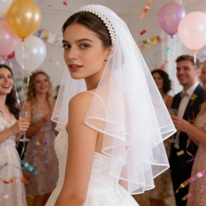 Detailed view of elegant bridal pearl headband with double-layered white tulle wedding veil