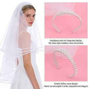 Bridal pearl headband veil with white mesh and silver wave band for wedding party
