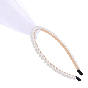 Elegant bridal pearl headband with white mesh veil and gold alloy base for wedding party