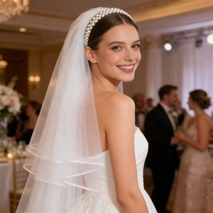 Elegant double-layered white bridal veil with pearl headband for wedding party