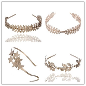 Detail showing four styles of crystal headbands with leaf and star designs in a grid layout
