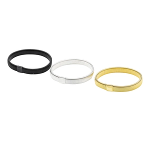 Three-pack of elastic metal spring armbands in gold, silver, and black finish with square buckle