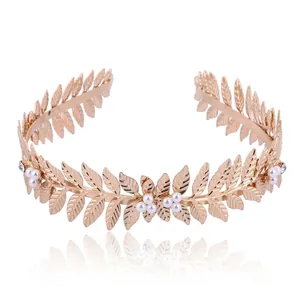 Vintage Baroque Gold Leaf Artificial Pearl Headband Greek Laurel Wreath Style Bridal Hair Accessories For Wedding Party Women Elegant Headpiece