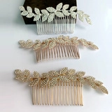 Detailed view of three leaf rhinestone hair combs in silver, gold, and rose gold finishes