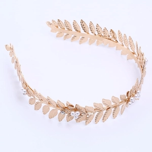 Elegant gold leaf bridal headband with pearls and crystals for weddings and parties
