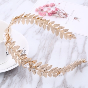 Elegant gold leaf headband with white pearls and crystals for weddings and banquets