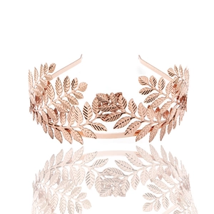 Rose gold leaf crown bridal headband featuring an elegant baroque laurel design with reflections