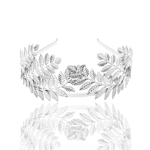 Elegant silver Greek laurel leaf bridal headband with textured metallic finish on white background