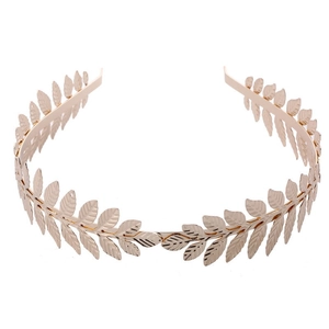 Elegant golden laurel leaf bridal headband crown with metallic finish on white background