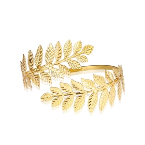 Golden Greek laurel leaf open arm cuff bracelet with detailed metallic texture finish