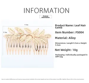 Detailed view of gold leaf hair comb with dimensions 9.5cm by 5.5cm on white background