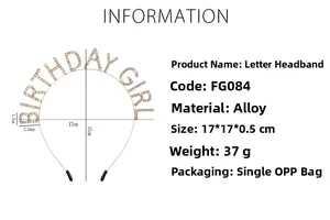 Detailed size specifications for the Birthday Girl rhinestone alloy headband with dimensions