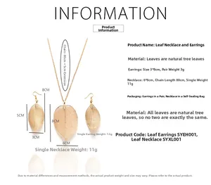 Detailed view of leaf jewelry set dimensions and specifications with necklace and earrings