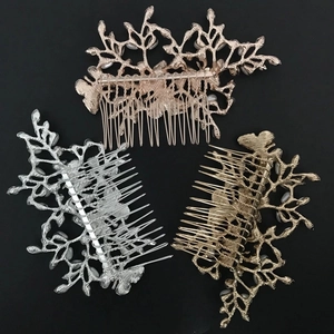 Detailed back view of metal leaf hair combs in gold, silver and rose gold finishes