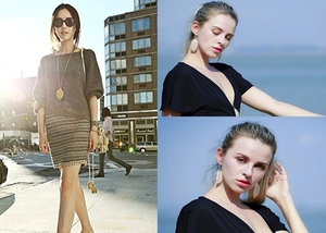 Detail of natural leaf-shaped long necklace and earrings set on a model in urban street
