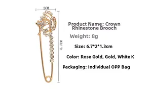 Dimensions détaillées broche couronne cristal 6,7x2x1,3cm en finition or rose et strass