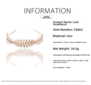 Detailed view of rose gold leaf headband specifications with product dimensions and material