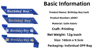 Detailed specs for blue Birthday Boy satin sash featuring crown and star patterns