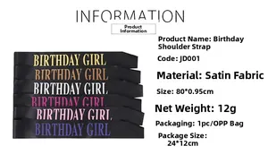 Detailed size and material chart for six-color satin Birthday Girl sash party set