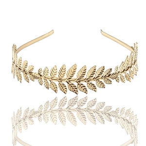Elegant gold laurel leaf bridal headband with polished metallic finish and symmetric design