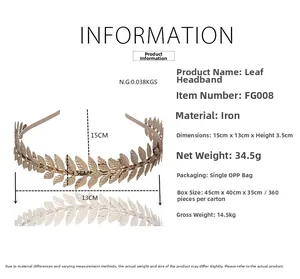 Detailed product dimensions for the metal leaf headband showing size and weight specifications