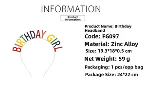 Detailed technical specifications for Birthday Girl rhinestone headband and sash set