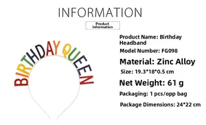 Detailed specifications of the metal Birthday Queen headband with dimensions and weight