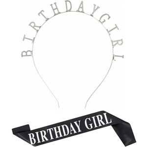Detail of silver Birthday Girl headband and black satin sash set for birthday parties