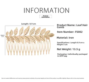 Detailed product size guide for the 8.9cm gold leaf hair comb made of durable iron