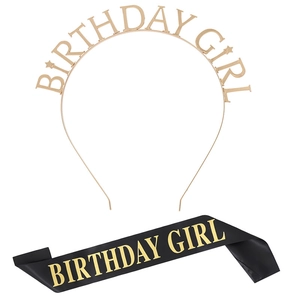 Detail of gold metal Birthday Girl headband and black satin sash set for party girls
