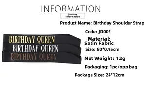 Detail of Birthday Queen black satin sash showing gold lettering and 80x9.5cm dimensions