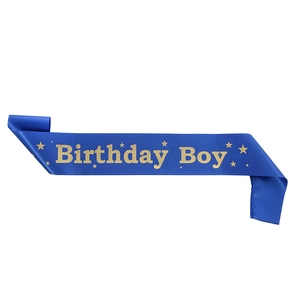 Blue satin Birthday Boy sash with gold foil lettering and star accents for party