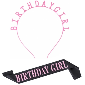Birthday Girl party set with pink glitter headband and black satin sash accessories