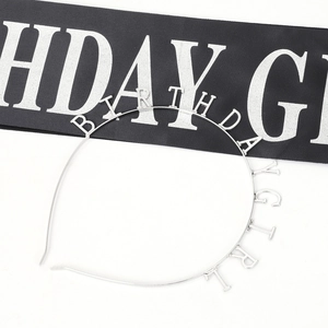Detail of silver BIRTHDAY GIRL metal headband with black satin sash party set