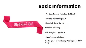 Pink satin Birthday Girl sash showing detailed printing, 160x9.5cm size and product specs