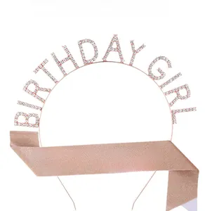 Rose gold Birthday Girl tiara set with rhinestone headband and glitter sash for parties