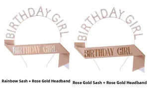 Detail of rose gold BIRTHDAY GIRL rhinestone headband and glitter sash set for parties