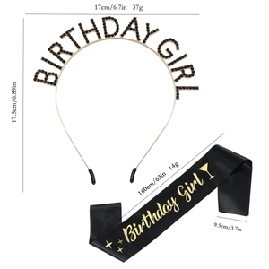 Detailed view of Birthday Girl sash and crystal headband with dimensions and weights
