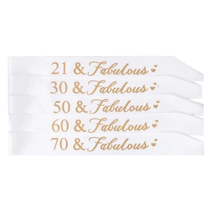 Close-up of white satin birthday girl sashes with golden glitter text for various ages