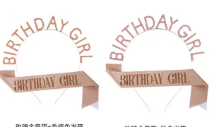 Birthday Girl party set with glitter rose gold headband and elegant satin shoulder sash