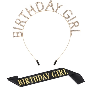 Birthday girl set with gold rhinestone headband and black satin sash for party