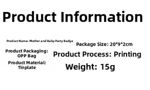 Specifications for tinplate baby shower badge including material weight and size details