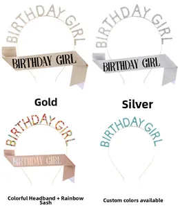 Detailed set of Birthday Girl tiara and sash in various colors with glitter fabric