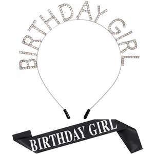 Birthday Girl silver rhinestone headband and black satin sash party accessory set