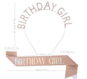 Rose gold Birthday Girl set showing sash and rhinestone headband with dimensions