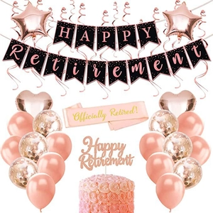 Rose gold retirement party set with Happy Retirement banner and foil balloons