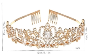 Detailed dimensions of the gold rhinestone tiara showing 13cm width and 4cm height