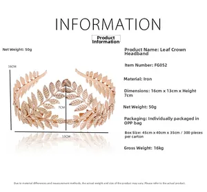 Detailed size specifications for a rose gold metal leaf crown headband in classic style