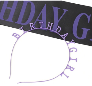 Close-up of a lavender Birthday Girl headband with glittery letters and matching purple sash