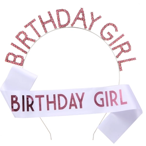 Serre-tête Birthday Girl avec strass roses et écharpe en satin blanc pour fête